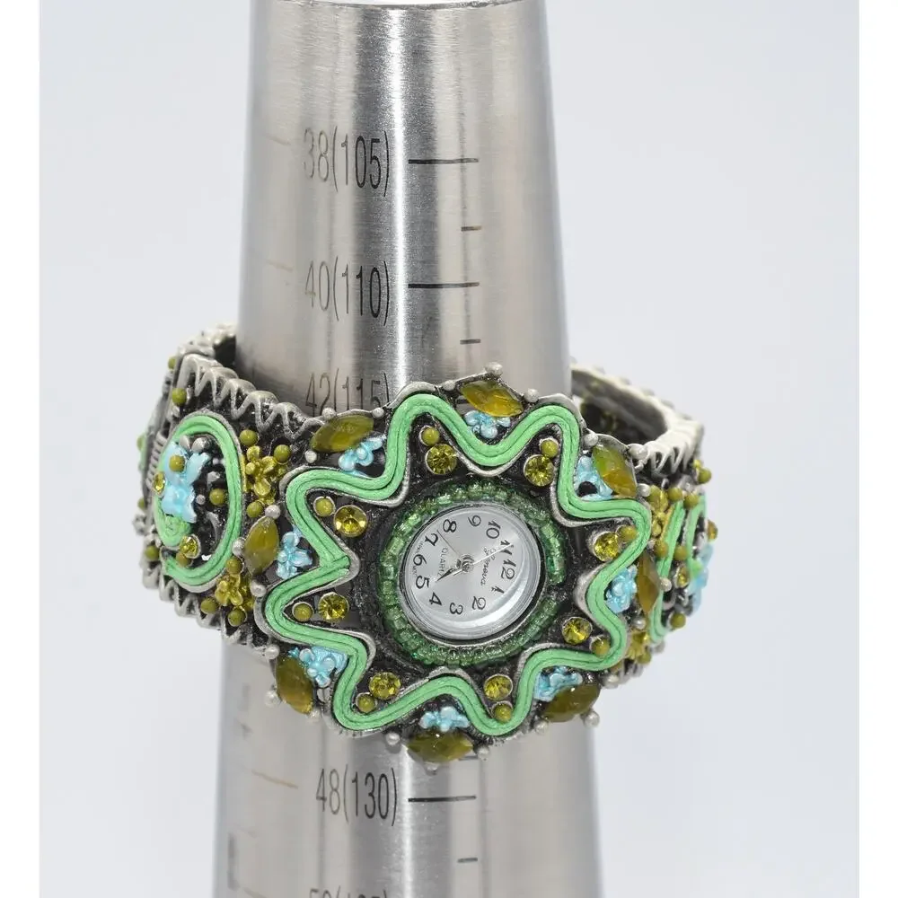 Geneva Couture Ribbon Soutache & Crystal Ornate Quartz Cuff Watch NEW BATTERY